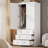 Garvee 70" Wardrobe Armoire Wooden Closet with 2 Doors and 3 Drawers, Bedroom Armoire with Hanging Rod Shelf, Large Capacity Storage Wardrobe Armoire, Freestanding Wooden Closet Storage Cabinet - White