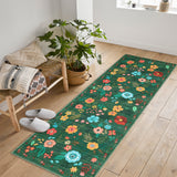 Garvee 2' × 6' Colorful Floral Runner Rug, Machine Washable Non-Slip Low-Pile Soft Rug for Hallway, Kitchen & Entryway, Green - Green