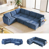 Garvee Modular Sectional Sleeper Sofa with Pull Out Bed, 116" Large U Shaped 7 Seater Sectional Couches with Ottoman, Charging Port & Foldable Side Table, Comfy Chenille Cloud Sofas for Living Room, Blue - Blue