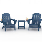 Garvee Navy Blue HDPE Adirondack Chair Set, Foldable Wood-Grain Patio Chairs with Side Table, Navy Blue - Navy Blue