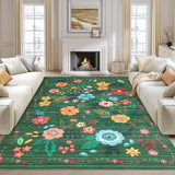 Garvee Washable Floral Area Rug, Colorful Boho Botanical Flower Rug with Non-Slip Backing, Soft Indoor Decorative Carpet for Living Room Bedroom Nursery Kids Room Entryway, Green, 5x7 - Green