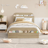 Garvee Twin Size Bed Frame, Wooden Beds with Storage Headboard and Raised-Foodboard, Queen-Floor Low Platform Bed for Bedroom, Sturdy Wooden Slats Support, No Box Spring Needed, Natural - Natural