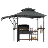 Garvee 8x5 ft Grill Gazebo with Adjustable Dual Awnings & Double-Tier Canopy, Heavy-Duty Steel Frame, Side Shelves & Hooks, LED Lights, Patio & Backyard Shelter - Grey