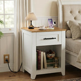 Garvee Farmhouse Nightstand with Charging Station, 1 Drawer Bedside Table with USB Type-c and AC Outlets, MDF End Table with Open Storage Shelf for Bedroom Living Room, Color-Blocking, 1PCS - White & Oak