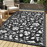 Garvee 5x8 Outdoor Rug Waterproof Vintage Floral Plastic Straw Rugs, Camping Rugs for Outside Your RV, Foldable Lightweight Reversible Carpet with Portable Bag for Patio Backyard Beach Camper, Black - Black & White