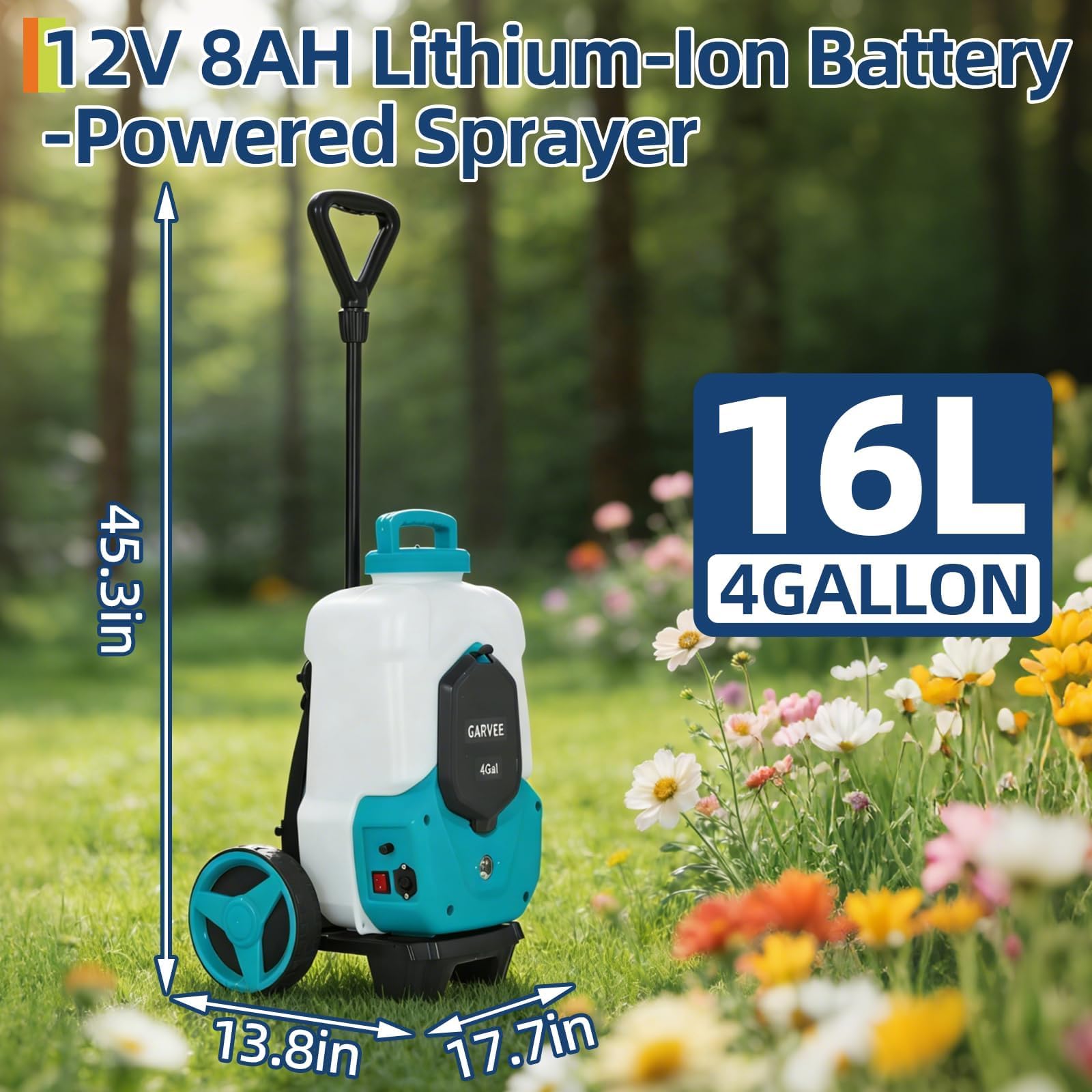 weirran automatic electric garden sprayer Garvee 4 Gallon Battery Backpack Sprayer with Cart, 12V 8Ah Electric Sprayer, 0?C90 PSI Adjustable Pressure, 6 Nozzles & 2 Wands for Lawn & Garden