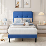 Garvee Twin Size Platform Bed Frame with Button Tufted Headboard,Velvet Upholstered Bed Frame with Wooden Slats Support, No Box Spring Needed, Noise-Free, Easy Assembly - Blue & Black Trim