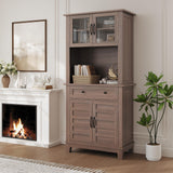 Garvee Farmhouse 72" Kitchen Pantry Coffee Bar Table with Storage Drawers & Glass Doors for Kitchen and Dining Room, Brown - Brown