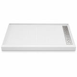 Garvee Non-Slip Solid Surface Shower Base Pan, Single Threshold Rectangular Walk-In Tray - Integrated Flange - White - 48 x 36 x 4 in - Right Drain - 304 SS Linear Cover - 3-Side Water Retaining - 48*36*4” right drainage + 304 stainless steel cover long - 48*36*4” Right Drainage + 304 Stainless Steel Cover Long Cover + Drain, Three-Side Water Retaining