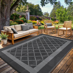 Garvee Waterproof Outdoor Rug 8x10 Reversible Plastic Straw Rug Modern Geometric Large Floor Carpet Lightweight Foldable Camping Mat for Outdoors RV Patio Backyard Picnic Black/Grey - Black/Gray