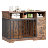 Garvee 48" Dog Crate Furniture with Bowls, Heavy Duty Dog Kennel End Table with 3 Storage Drawers, Locking Door, Farmhouse Style Pet Crate Cabinet for Medium Small Dogs, Retro Brown - Retro Brown