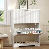 Garvee Modern White Narrow Shoe Storage Cabinet – 2 Invert Drawers, Adjustable Open Shelf – Slim Freestanding Wooden Shoe Organizer for Entryway or Hallway – Space-Saving, Anti-Tip Design, White - White