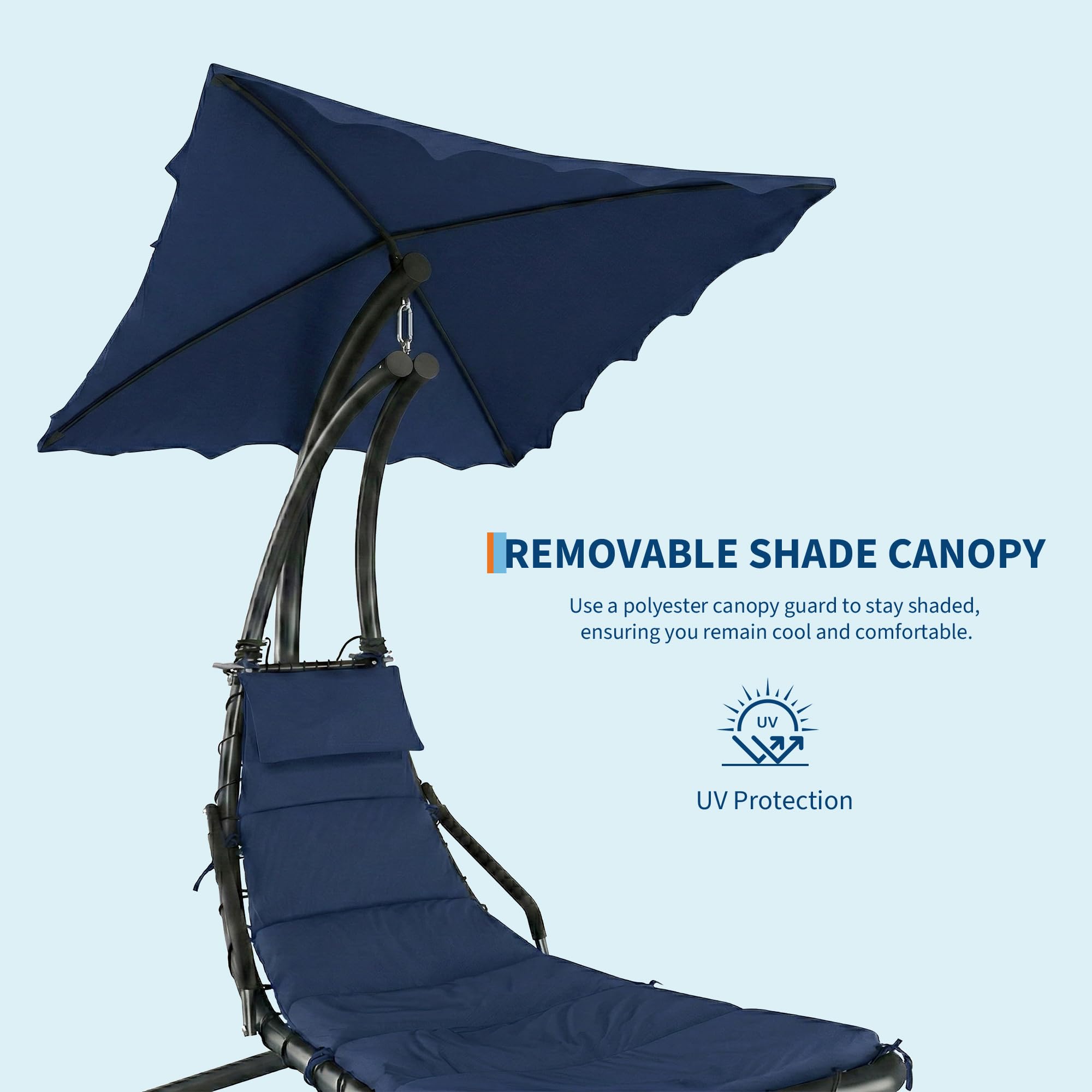 Navy hanging chaise lounge showing removable canopy and UV protection graphic
