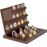 Garvee Exclusive Organizer for Collectors – Wooden Military Challenge Coin Display Stand, Tiered US Flag Rack Holds 80 Tokens – Stable, Patriotic Desktop Rack for Office, School, or Veterans – Walnut Finish - Chestnut