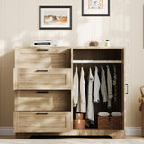 Garvee 43.3" H Multifunctional Wooden Dresser for Bedroom, 2 Door Wardrobe Armoire Closet with 4 Drawers and Hanging Rod, Low Storage Cabinet for Hanging Cloth, Wood Color - Wood Color
