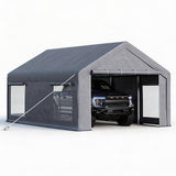 Garvee Portable Garage for Cars & Boats, 10 x 20 FT Steel Carport with 200G PE Canopy, 2 Roll-Up Doors, 4 Windows and Gray Cover
