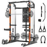 Garvee 2000LB Power Cage Squat Rack – Dual Pulley Cable Crossover – Multi-Function Power Rack for Home Gym – Full Body Strength Training Equipment with Attachments – Orange Column (Complies with FedEx 110lb Rule) - Orange