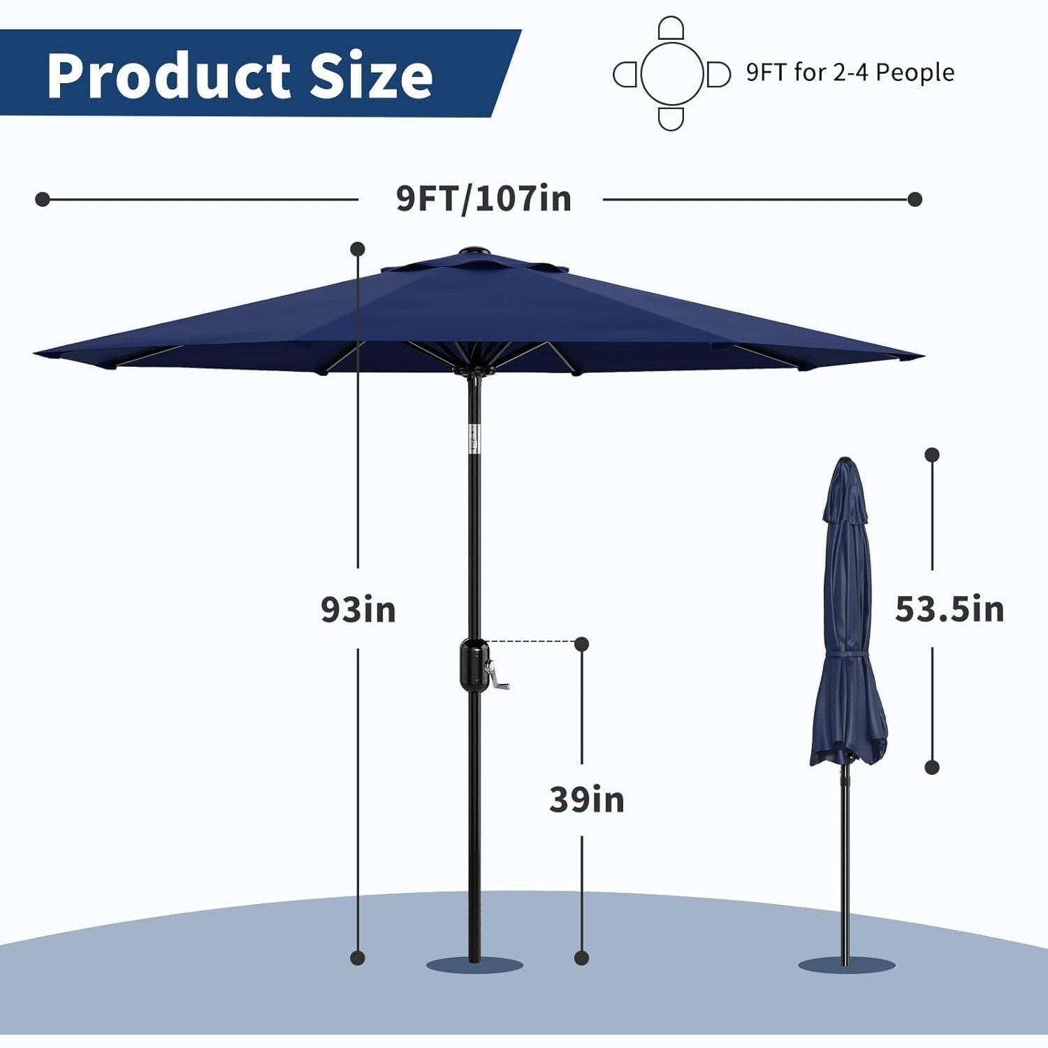 Garvee 9' Patio Table Umbrella, Crank Lift & Push Button Tilt, UV-Resistant Vented Market Umbrella with 8 Iron Ribs for Pool, Deck, Yard & Garden
