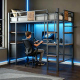 Garvee Space-Saving Twin Size Metal Loft Bed with Desk and Staircase – Sturdy Frame – RGB LED Lights – USB Charging Station – 3 Fabric Drawers & 2 Shelves – Kids & Teens Bunk Bed – No Box Spring Needed – Matte Black - Black with LED