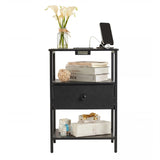 Garvee Bedside Table with Charging Station – 3-Tier Open Storage, Fabric Drawer, Sturdy Metal Frame, Slim Bedside Table for Bedroom & Living Room – Minimalist Design, Compact Size, Black US Standard - Black