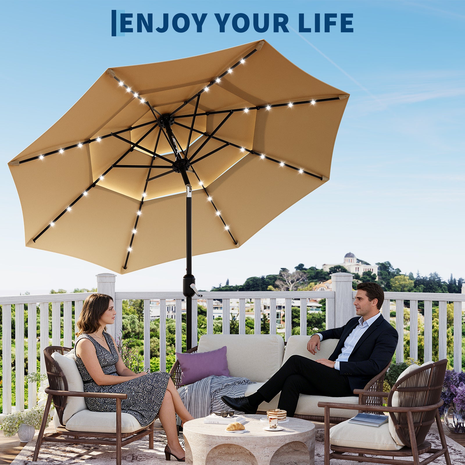 leisure living patio umbrella Garvee 3-Tier Solar Patio Umbrella with LED Lights, Vented Canopy, Easy  Crank & Tilt, 8 Sturdy Ribs – Outdoor Market Parasol for Garden, Deck, Pool  –