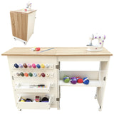 Garvee Folding Sewing Table with Storage Shelves and Trays – Multipurpose Craft Desk with Wooden Pegs & Magnetic Door Catch – Lockable Wheels – Yellow White