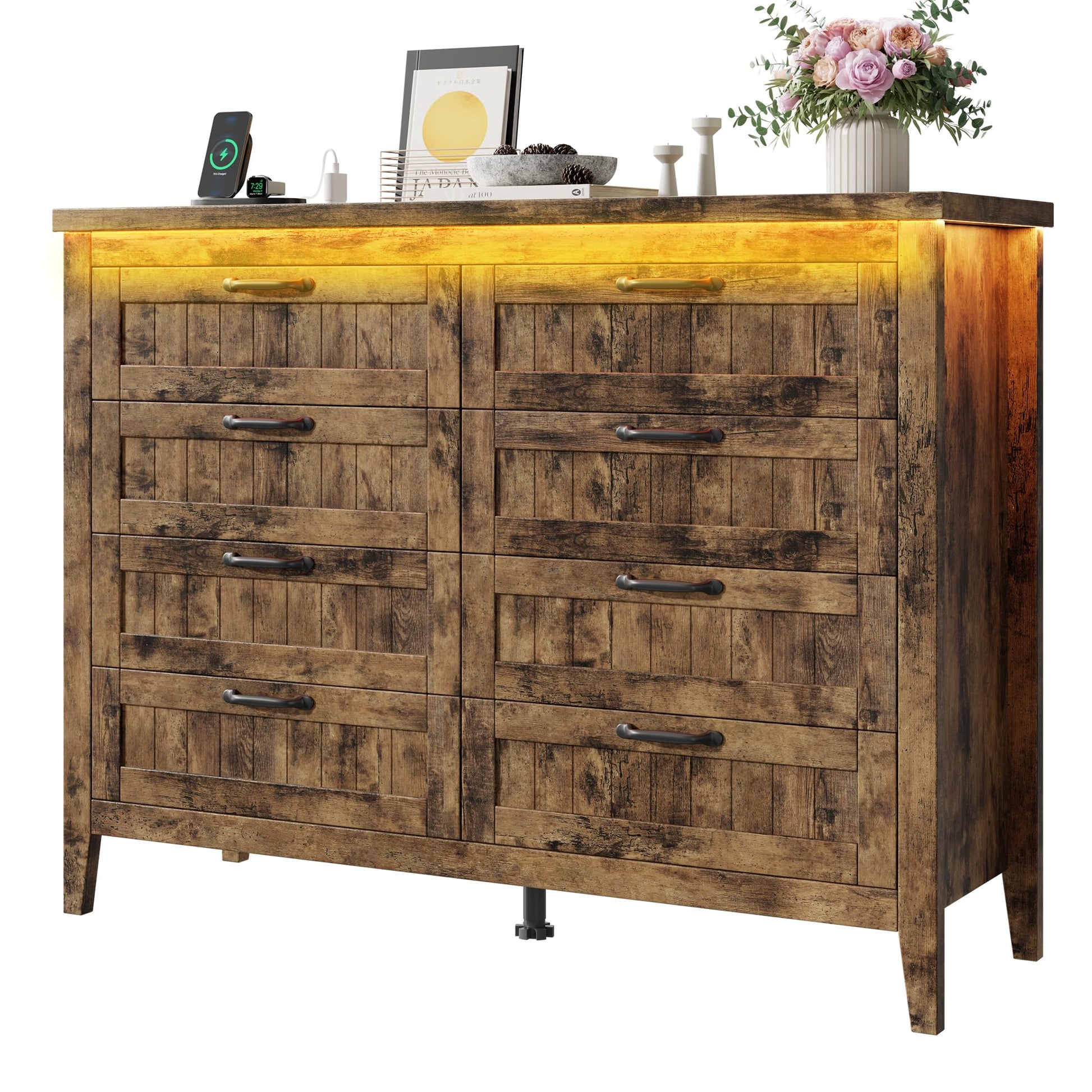 Garvee Rustic Brown 8 Drawer Dresser with LED Lights & Power Outlet for Bedroom Storage, Wide Wooden Cabinet, Vintage Color