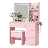 Garvee Bedroom Makeup Vanity Desk Set – 3-Color LED Mirror, 4 Drawers, Power Outlet, Charging Station, Storage Stool, Open Shelves, Hair Dryer Holder – Compact Dressing Table for Girls, Pink - Pink