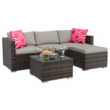 Garvee 5-Piece All-Weather PE Rattan Patio Sectional Sofa Set with Storage Table, Ottoman & Light Grey Cushions - Brown / Gray