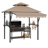 Garvee Steel Grill Gazebo 8'x5' with Double-Tier Roof & Awning, Q235 Steel Frame, Waterproof Canopy, Shelves & Hooks, LED Lights, Patio Backyard BBQ - Khaki