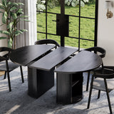 Garvee Extendable Round Dining Table – Modern Farmhouse Fluted Pedestal, 2-Tier Storage Shelf & Drawer, Seats 4-8, 47.5-63" Space-Saving – Color: Black