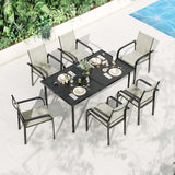 Garvee 7 Piece Patio Dining Set for 6, Outdoor Furniture Set Includes 55" Rectangle Patio Table and 6 Textilene Dining Chairs with Iron Armrests for Lawn, Porch, Balcony, Poolside - Beige