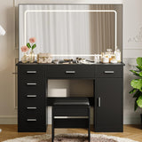 Garvee Modern Black Vanity Desk with Lighted LED Mirror, 7 Drawers, Adjustable 3-Mode Lighting, Charging Station, Hair Dryer Holder – Makeup Dressing Table for Bedroom - Color: Black - Black