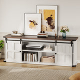 Garvee Farmhouse TV Stand for TVs up to 75 Inch – 70" Modern Entertainment Center with Sliding Barn Doors, Power Outlet, Long Media Console Table with Storage Cabinets for Living Room or Bedroom – Natural Wood Top, White Body, Cross-Shaped Door Frame - White+Brown