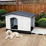 Garvee 2-Door Small Dog House for Indoor and Outdoor Dog House with Fold-Out Porch Elevated Base, Waterproof Pet House for Small and Medium Dogs, Easy Assembly, Gray (31''L x 21''W x 26''H) - Gray