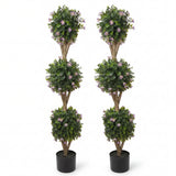 Garvee 4 ft Artificial Triple Ball Boxwood Topiary Tree with Pot & Blossoms