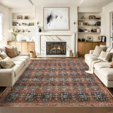 Garvee Boho Area Rug - Soft Washable Printed Floral Rug, Low Pile Non Shedding Non Slip Rug, Indoor Foldable Vintage Rug Carpet - Reddish Brown