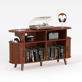 Garvee 55" Round Record Player Stand with Vinyl Storage (Holds Up to 300), Mid-Century Modern Fluted Turntable Cabinet, USB Charging Ports & Power Outlets, Open Display Shelves - Walnut Color (US Standard) - Brown