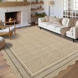 Garvee Scalloped Washable 8x10 Area Rug for Living Room Non Slip Soft Bedroom Rugs Solid Jute Color Bordered Rug Low Pile Stain Resistant Carpet for Nursery Dining Room Playroom Classroom, Jute - Jute Color