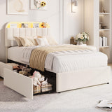 Garvee Upholstered Twin XL Bed Frame with Adjustable Storage Headboard, 2 Drawers, Bookcase, LED Lights, Noise-Free, Easy Assembly, No Box Spring Needed - Offwhite, Twin XL Size - Velvet White-Led