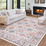 Garvee 9' × 12' Vintage Sunflower Persian Area Rug, Washable Polyester Carpet with Non-Slip Backing for Living Room and Bedroom, Pink Multicolor - Pink Multi