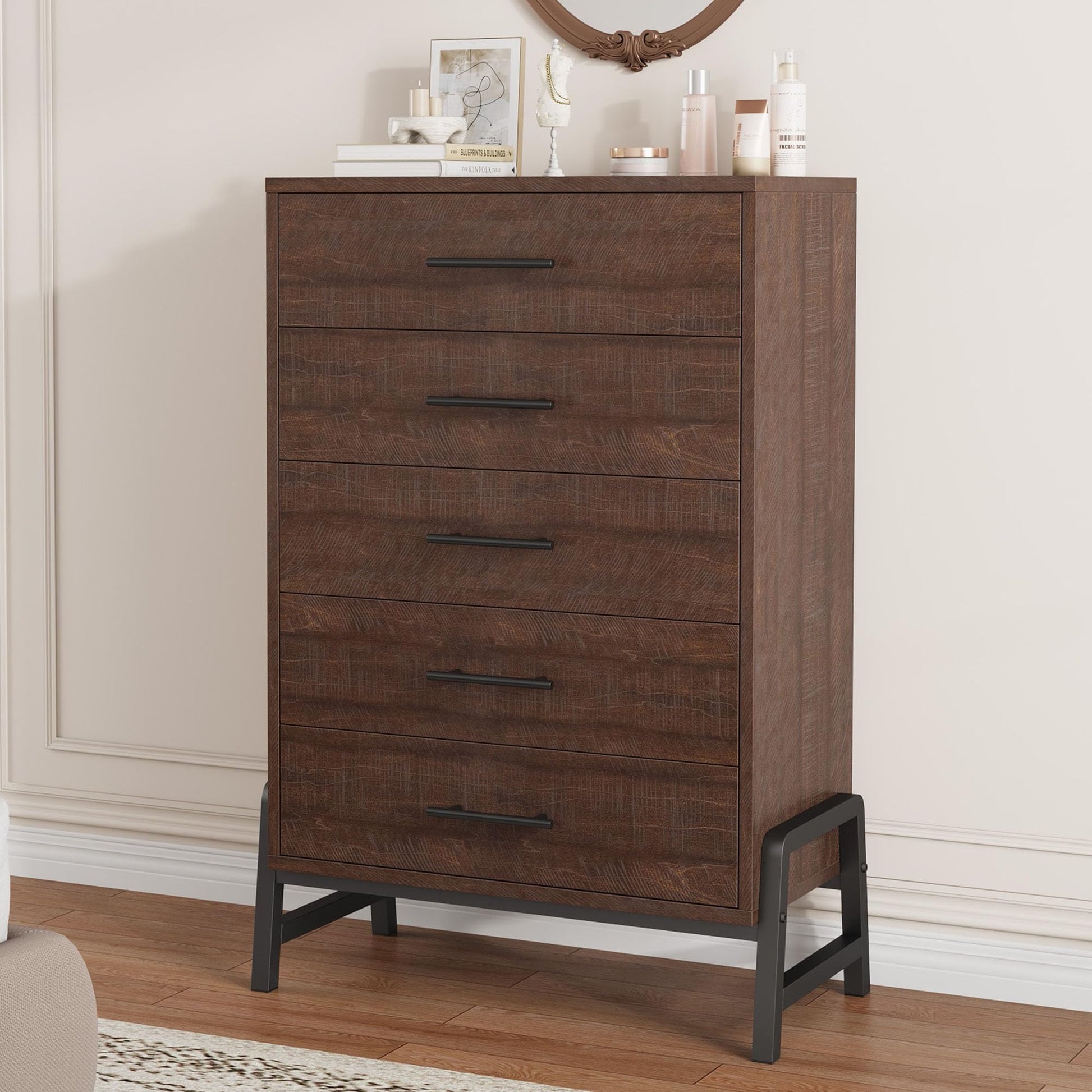 modern tall dresser Farmhouse 5-Drawer Dresser, Fog Special Features Midcentury Modern Tallboy | Beauty