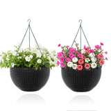 Garvee Self-Watering Hanging Flower Baskets Set – 13.8 Inch Large Resin Rattan-Look Planters with Drainage Plug, Sturdy Metal Triple Chain, Indoor Outdoor Garden, Patio, Balcony – Black, 2-Piece Set