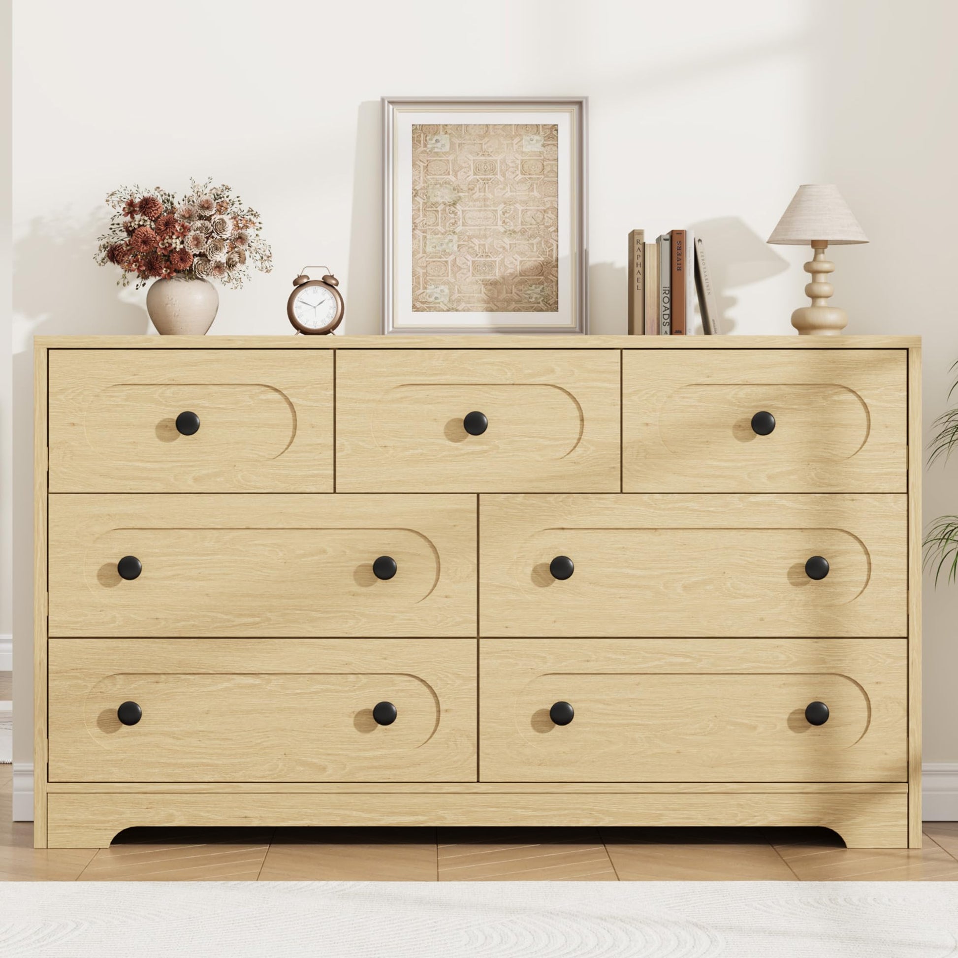Garvee 7 Drawer Dresser Large Storage Deep Drawers Metal Knobs Engineered Wood Mid-Century Modern Natural Wood Finish Bedroom Living Room Entryway