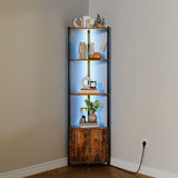 Garvee 5 Tier Corner Shelf Stand with LED Light, 57''Tall Metal Frame Corner Shelf with Wood Shelves, Standing Shelf Organizer for Living Room, Bedroom, Kitchen, Bathroom | for Home Office, Entryway - Brown