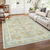 Garvee 10' × 13' Vintage Floral Border Area Rug, Machine Washable Non-Slip Low-Pile Stain-Resistant Rug for Living Room, Bedroom & Nursery, Green - Green