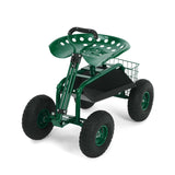 Garvee Green Rolling Garden Work Seat with Wheels, 360° Swivel Gardening Cart with Extendable Steering Handle, Tool Tray, Storage Basket & 10" Inflatable Tires, 400 lb Capacity Garden Scooter for Yard, Patio & Outdoor Use - Green