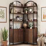 Garvee Corner Bookshelf with Storage, 74.5" Corner Bookcase with Cabinet, Large l Shaped Bookshelf Arched 6 Tier Corner Bookcase with Metal Frame for Living Room Bedroom, Dark Brown - Dark Brown