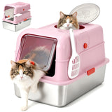 Garvee Stainless Steel Cat Litter Box with Lid & Scoop, Enclosed Litter Pan with Front & Top Entry, Anti-Leak High Sides Cat Litter Box for Large Cats, Pink - Pink