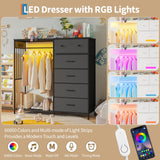 Garvee 6 Drawer Dresser with Hanging Rack, LED Lights & Charging Station – Fabric Chest and Open Wardrobe Storage Organizer for Bedroom, Kids, Girls, Living Room – Black – UK Plug